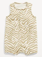 Printed Sleeveless Double-Weave Henley One-Piece Romper for Baby