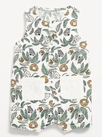 Printed Sleeveless Linen-Blend Henley One-Piece Romper for Baby