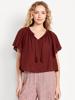 Crinkle Gauze Tassel-Tie Shirred Top