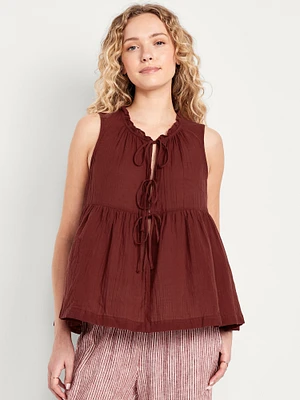 Sleeveless Crinkle Gauze Tie-Front Top