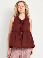 Sleeveless Crinkle Gauze Tie-Front Top