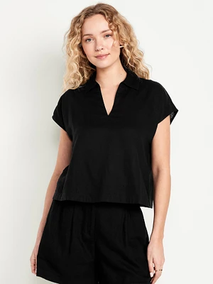 Linen-Blend Cropped Popover Shirt