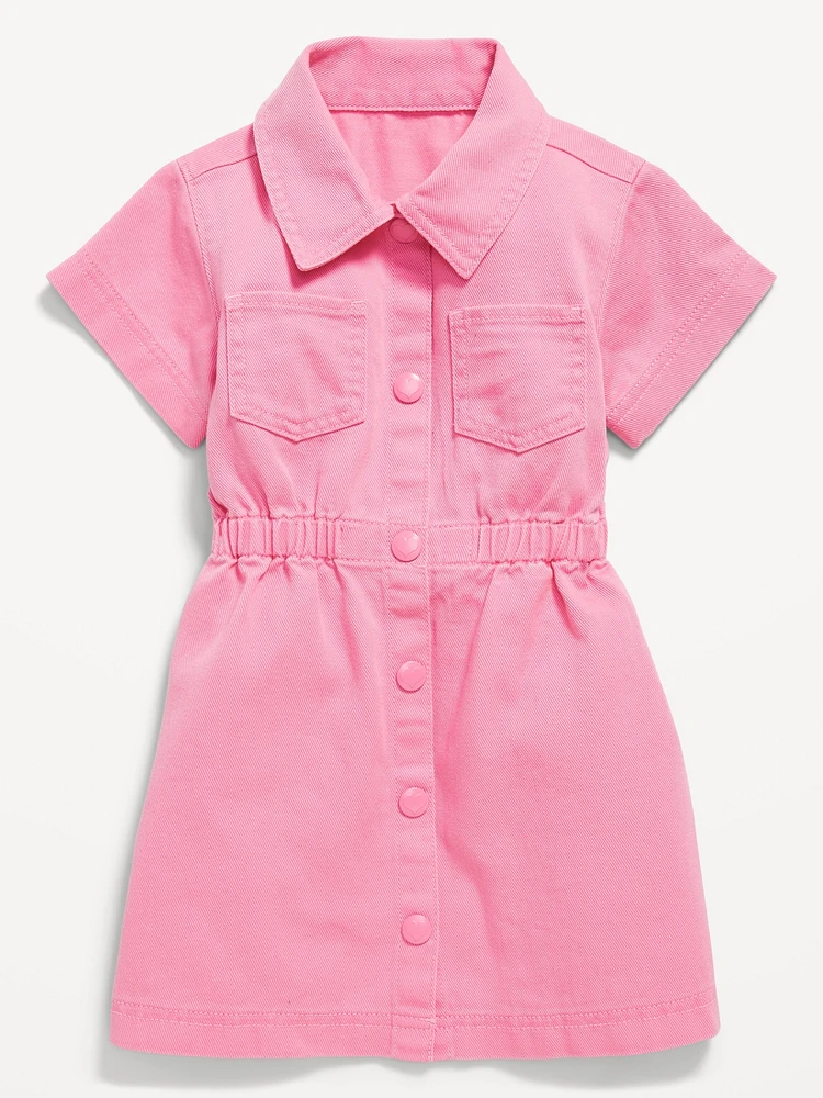 Short-Sleeve Cinched-Waist Twill Dress for Toddler Girls