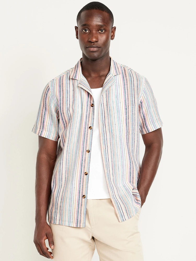Short-Sleeve Linen-Blend Striped Camp Shirt