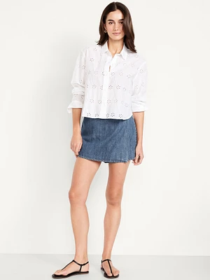 High-Waisted Faux-Wrap Jean Mini Skort