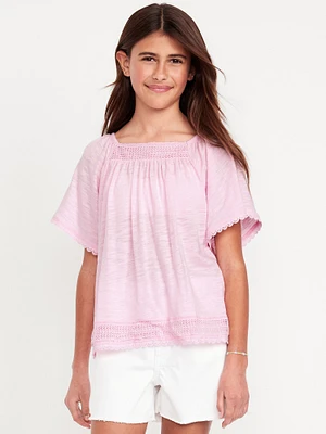 Short Flutter-Sleeve Crochet-Trim Top for Girls