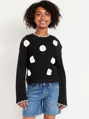 Long-Sleeve Crochet-Floral Sweater for Girls