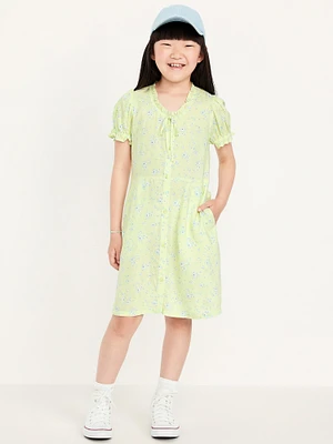 Printed Short-Sleeve Button-Front Fit and Flare Dress for Girls