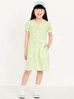 Printed Short-Sleeve Button-Front Fit and Flare Dress for Girls