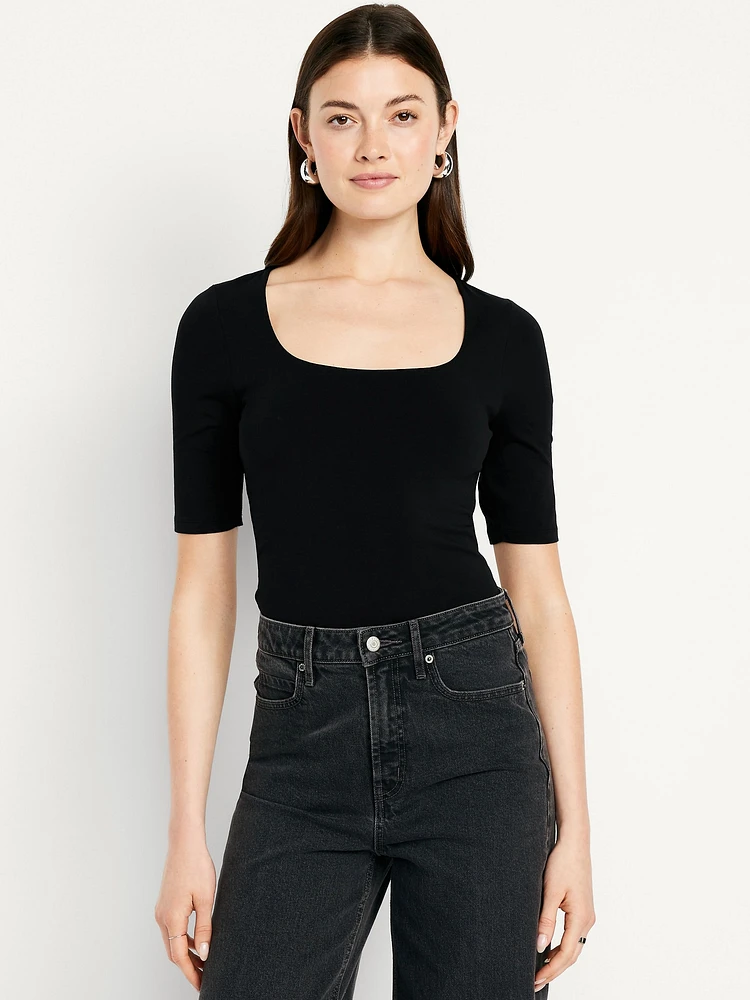 Double-Layer Elbow-Sleeve Scoop-Neck T-Shirt