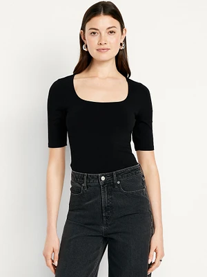 Double-Layer Elbow-Sleeve Scoop-Neck T-Shirt