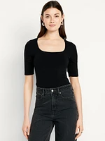 Double-Layer Elbow-Sleeve Scoop-Neck T-Shirt