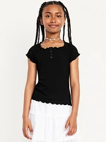 Fitted Short-Sleeve Lettuce-Edge Top for Girls