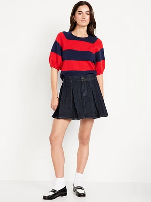 Mid-Rise Pleated Jean Mini Skirt