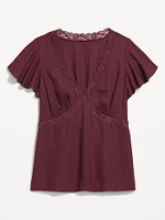 Lace-Trim V-Neck Crepe Top