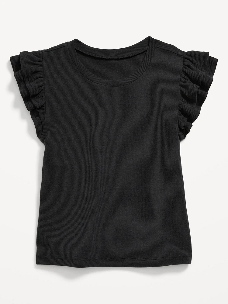Fitted Short-Sleeve Ruffle-Trim Ribbed Top for Girls