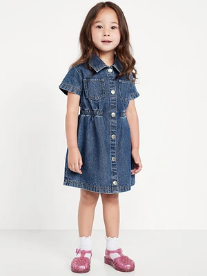 Short-Sleeve Cinched-Waist Jean Dress for Toddler Girls