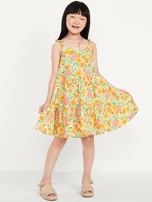 Printed Sleeveless Double-Weave Tiered Dress for Girls
