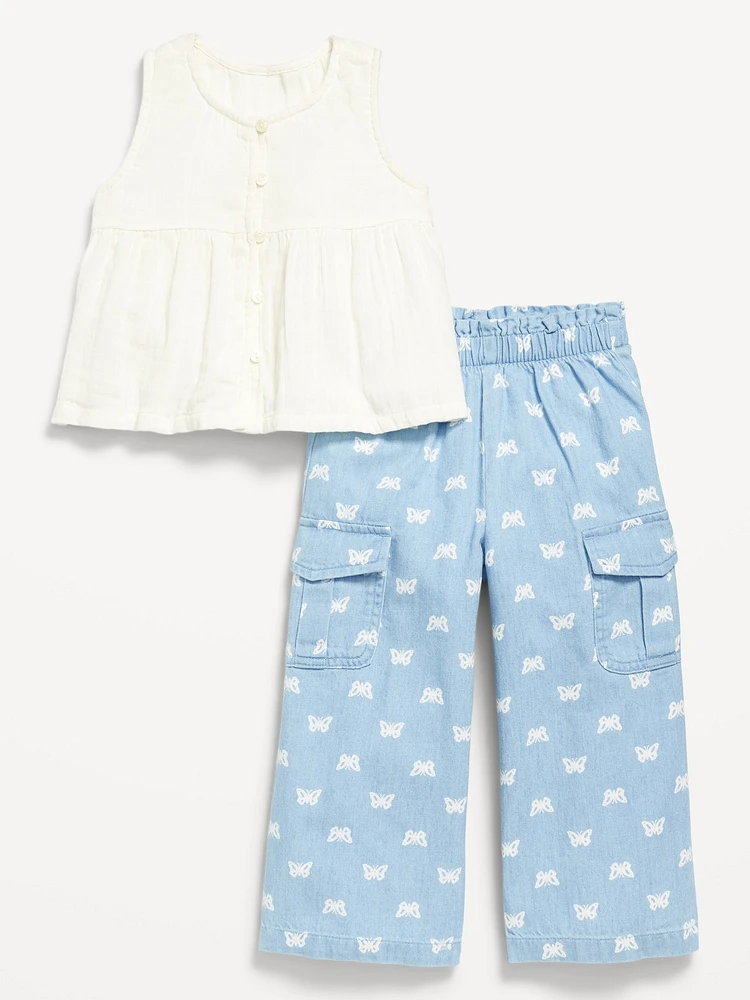Sleeveless Button-Front Top and Cargo Pants Set for Toddler Girls