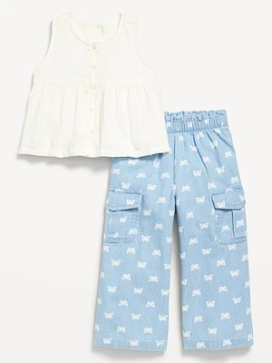 Sleeveless Button-Front Top and Cargo Pants Set for Toddler Girls