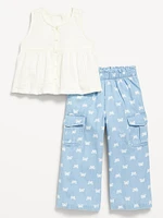 Sleeveless Button-Front Top and Cargo Pants Set for Toddler Girls