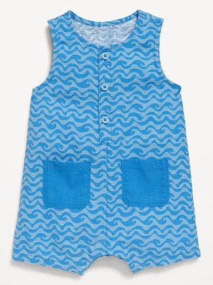 Sleeveless Linen-Blend Henley One-Piece Romper for Baby