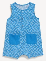 Sleeveless Linen-Blend Henley One-Piece Romper for Baby