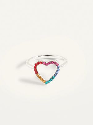 Silver-Toned Rhinestone-Heart Ring for Women