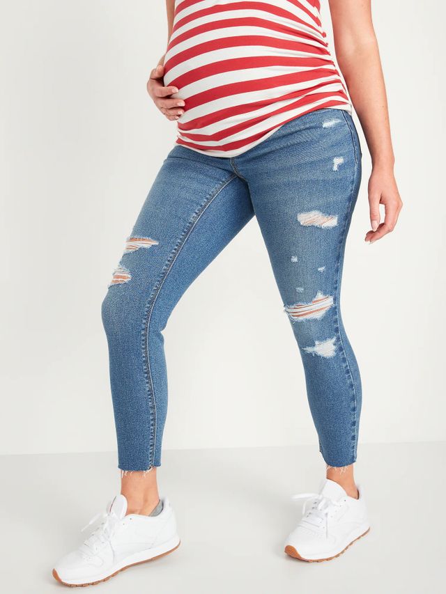 Maternity Full-Panel Ripped Cut-Off Wide-Leg Jeans