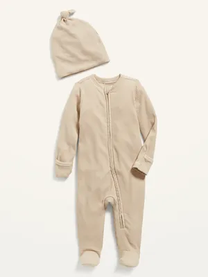Footed Sleep & Play Rib-Knit One-Piece Beanie Layette Set for Baby