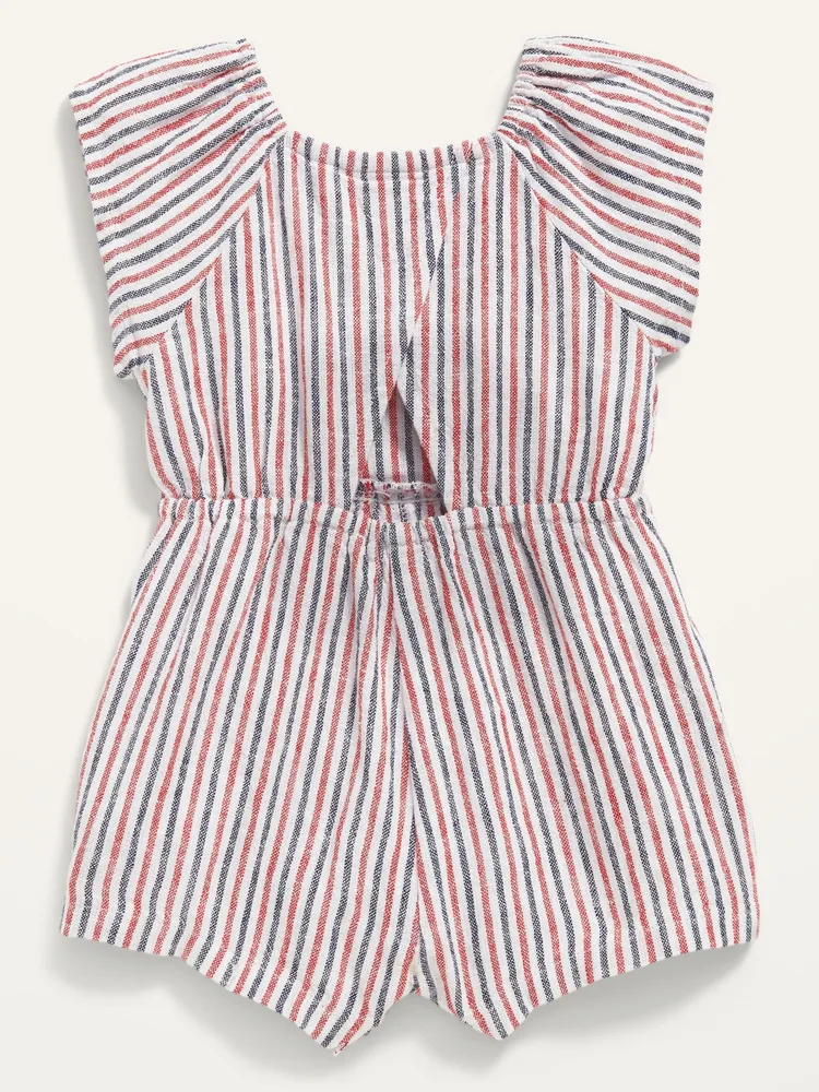 Flutter-Sleeve Striped Linen-Blend Romper for Baby
