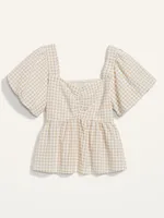 Puff-Sleeve Smocked Seersucker Babydoll Swing Blouse