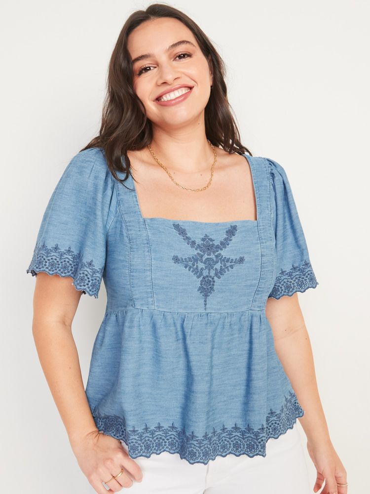Old Navy Matching Chambray Flutter-Sleeve Embroidered Tie-Back Top