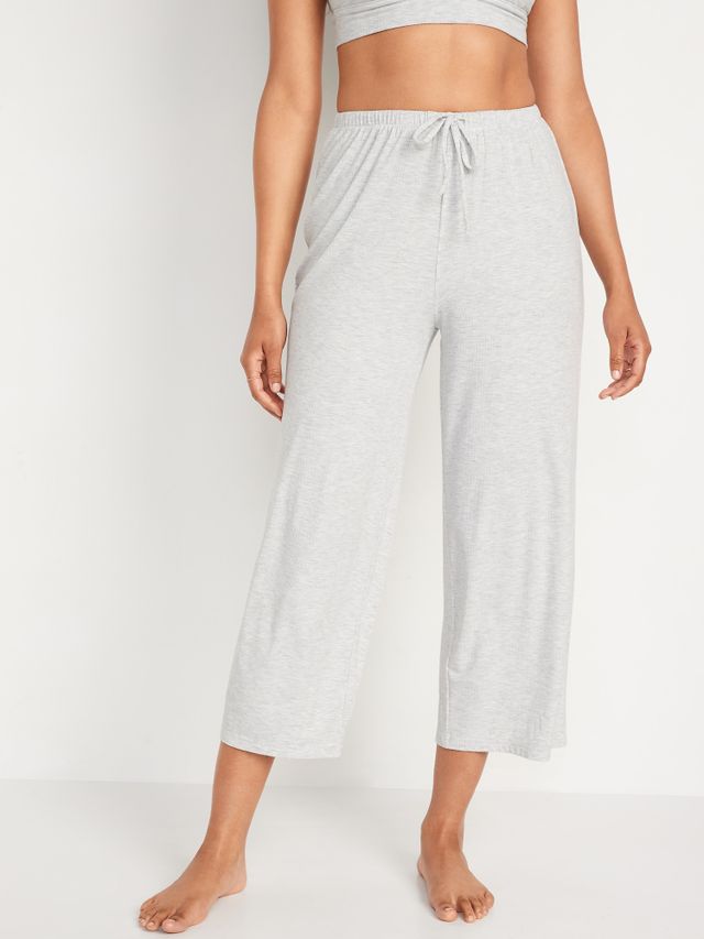 High-Waisted Sunday Sleep Striped Cropped Rib-Knit Wide-Leg Lounge