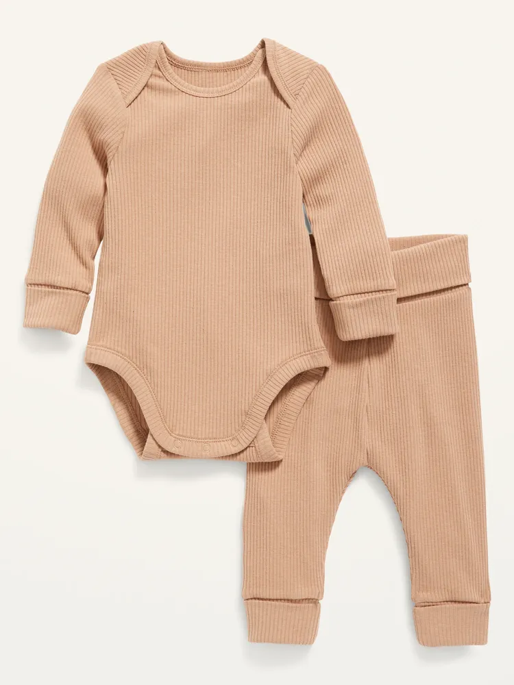 Unisex 2-Piece Rib-Knit Henley Bodysuit and Leggings Layette Set for Baby