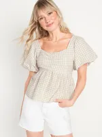 Puff-Sleeve Smocked Seersucker Babydoll Swing Blouse