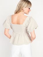 Puff-Sleeve Smocked Seersucker Babydoll Swing Blouse