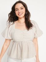 Puff-Sleeve Smocked Seersucker Babydoll Swing Blouse