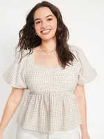 Puff-Sleeve Smocked Seersucker Babydoll Swing Blouse