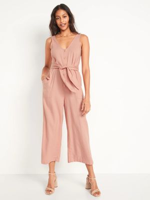 Sleeveless Cropped Linen-Blend Belted Jumpsuit