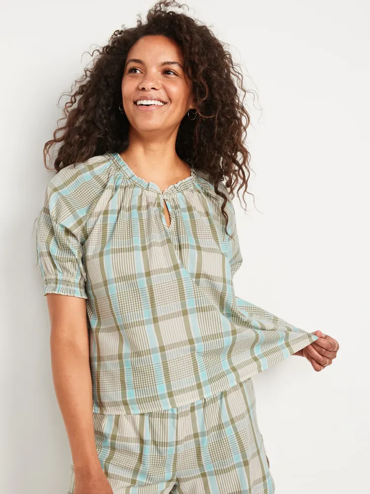Old Navy Plaid Smocked-Sleeve Pajama Top for Women