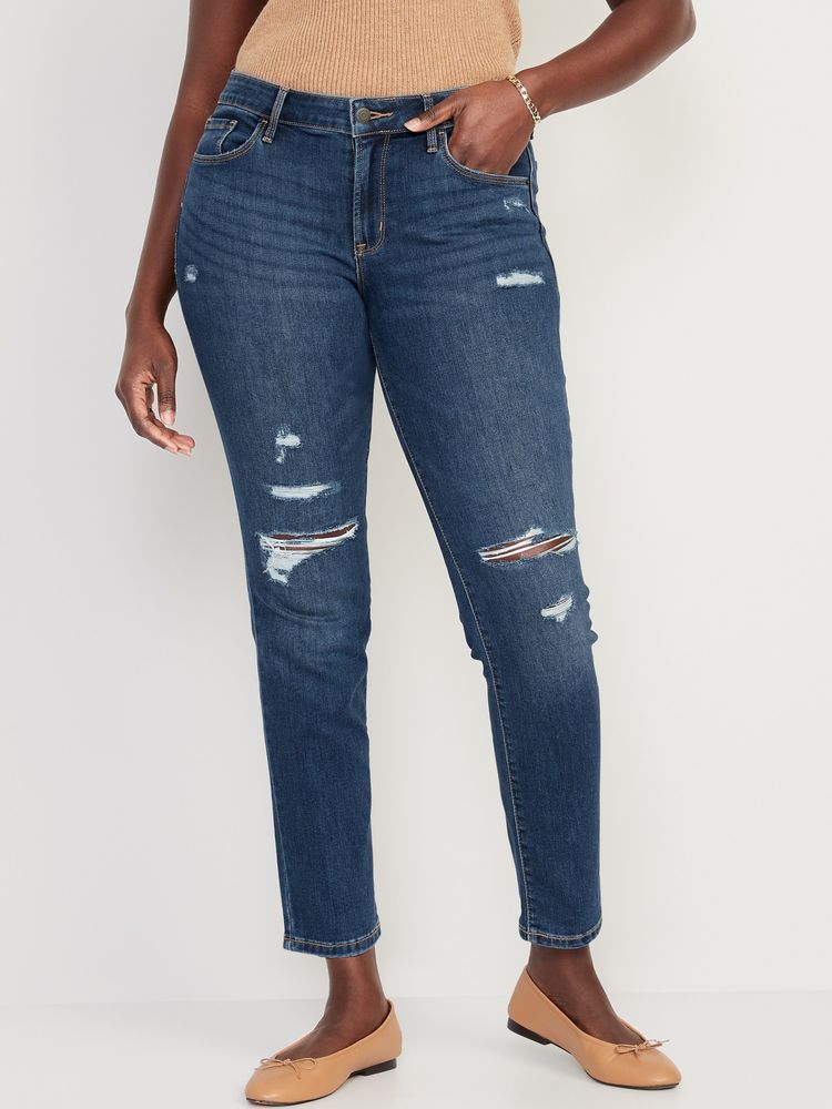 Mid-Rise Power Slim Straight Ripped Jeans for Women