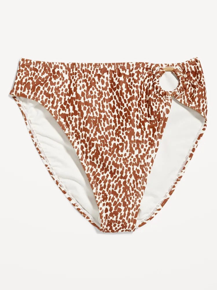 Mid-Rise Printed O-Ring French-Cut Bikini Swim Bottoms