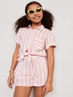 High-Waisted Linen-Blend Striped Shorts for Girls