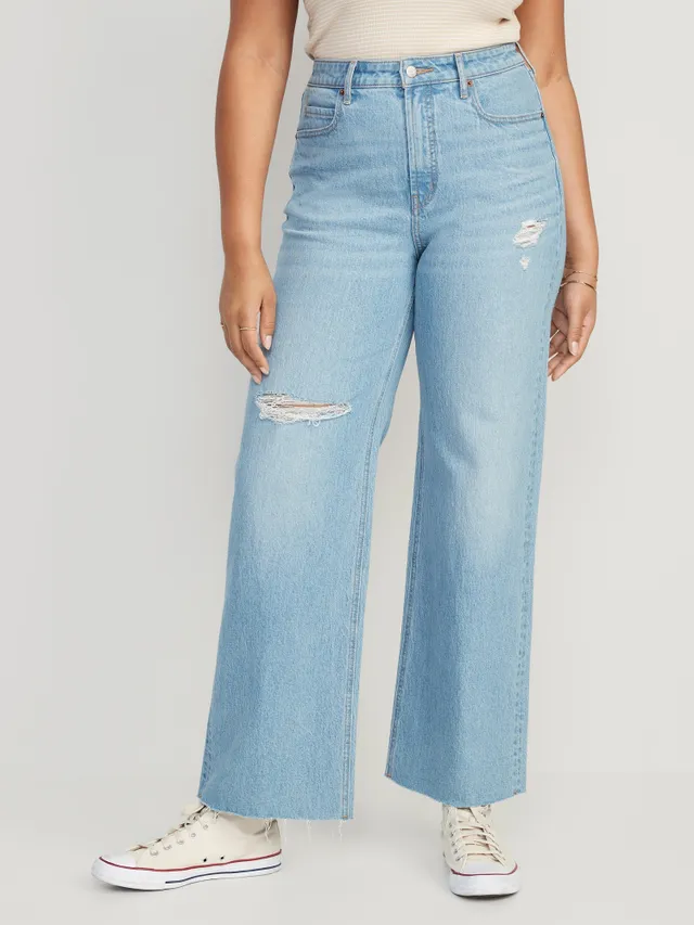 Extra High-Waisted Ecru-Wash Wide-Leg Cut-Off Jeans