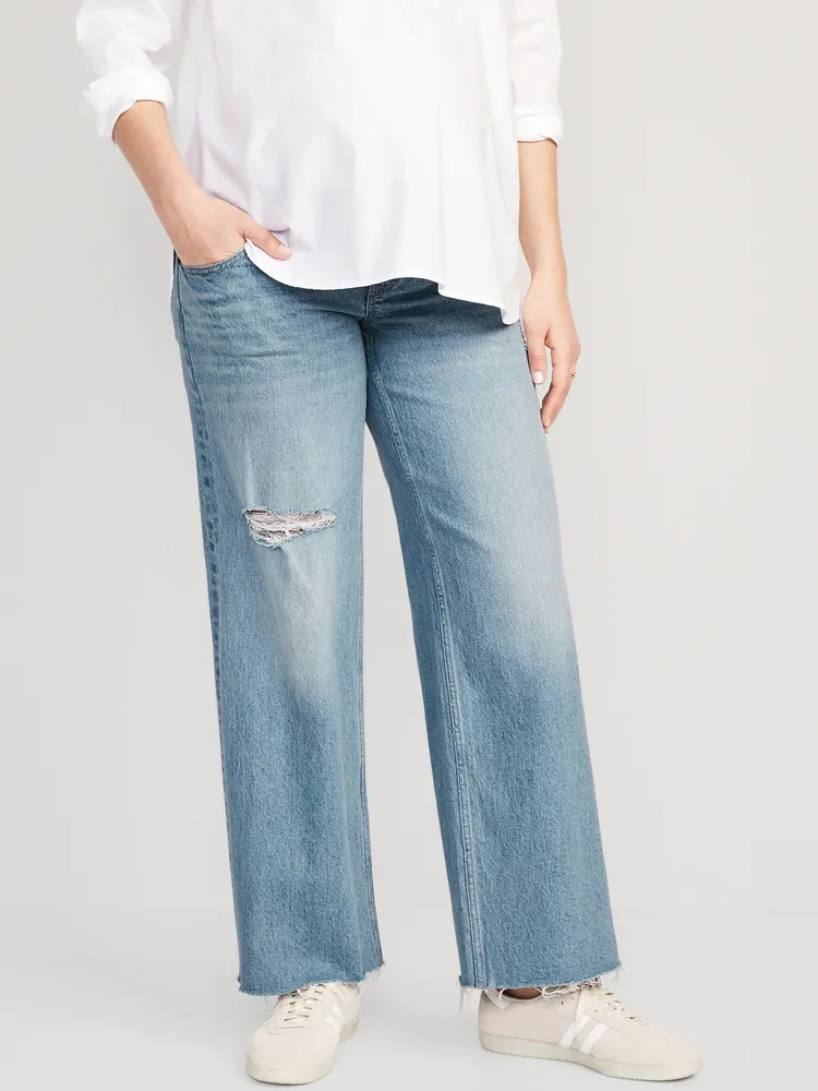 Old Navy Maternity Front-Low Panel Ripped Cut-Off Wide-Leg Jeans