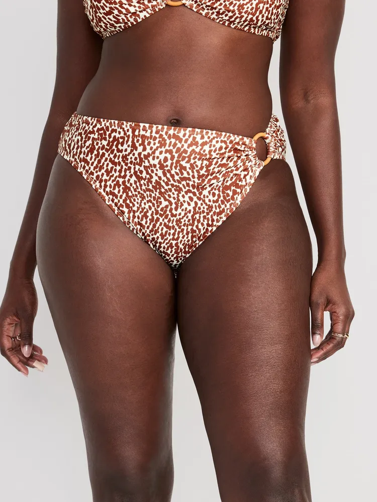 Mid-Rise Printed O-Ring French-Cut Bikini Swim Bottoms