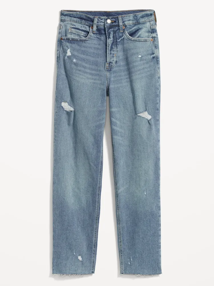 Extra High-Waisted Button-Fly Cut-Off Straight Jeans