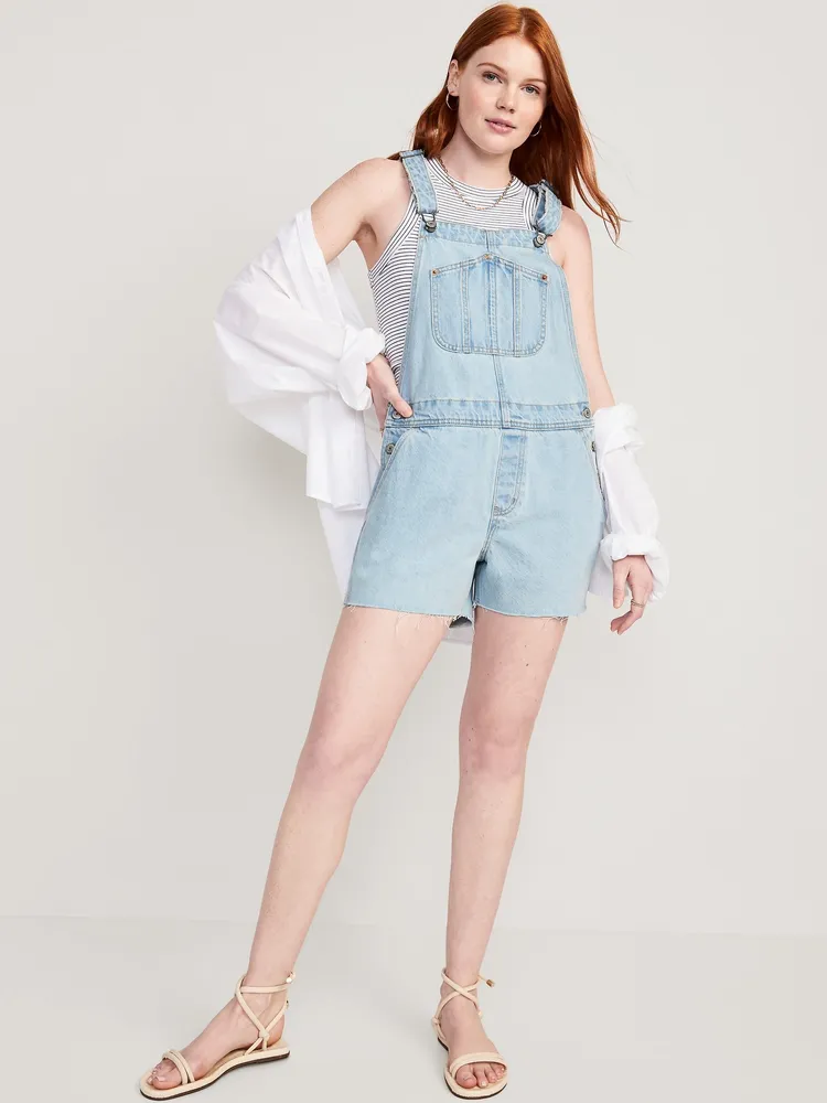 Slouchy Straight Non-Stretch Jean Cut-Off Short Overalls -- 3.5-inch inseam