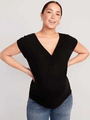 Maternity Linen-Blend V-Neck Shirred T-Shirt
